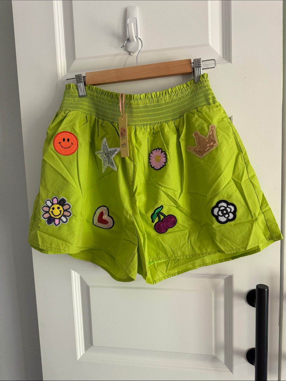Women's Lime Green Patchwork Elastic-Waist Shorts medium